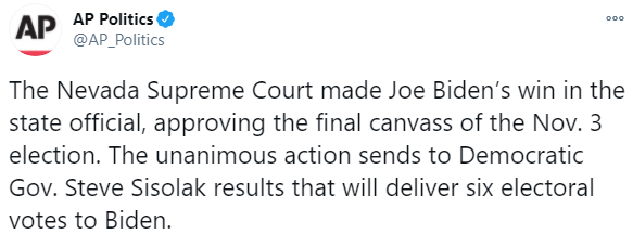 Байден официально одержал победу в штате Невада. Скриншот: АП в Твиттере